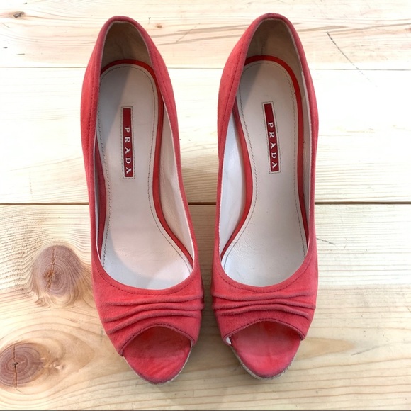 Prada Suede Open Toe Cork Wedge Pumps shoes 38 - Picture 4 of 16